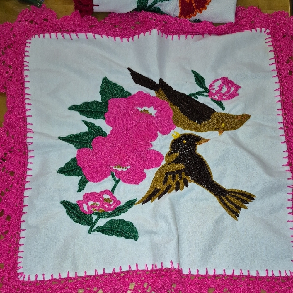 Artisan Embroidered Bird and Floral Tablecloth